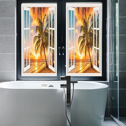 Vista 121 de Tropic - Película 3D para ventana, palmeras tropicales oceánicas en isla soleada, imagen panorámica, para puerta de cristal, baño, sala de estar