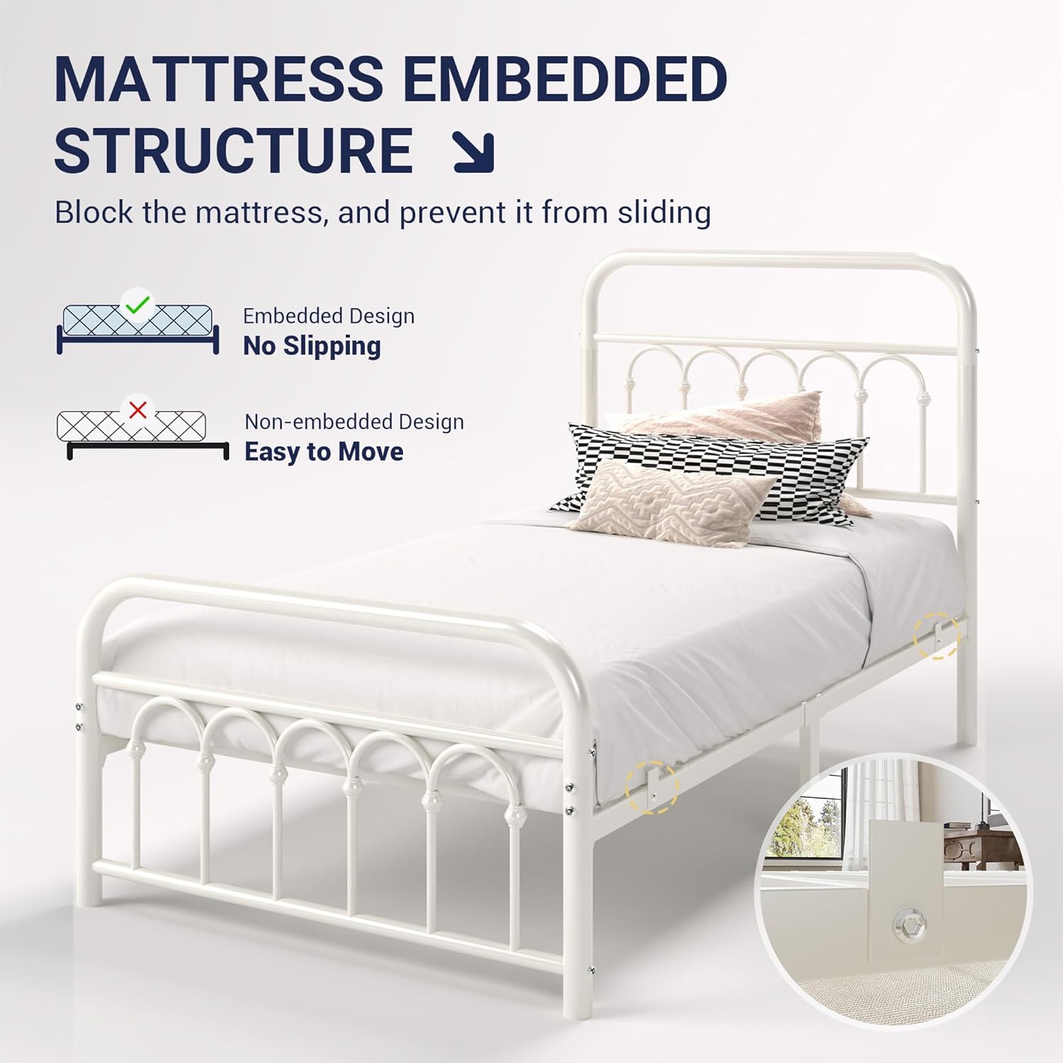 Allewie 14 Inches Twin Size Metal Platform Bed Frame with Victorian Style Curved Iron-Art Headboard/Footboard, Metal Slats Support, Easy Assembly, Under Bed Storage, No Box Spring Required, White - Image 7