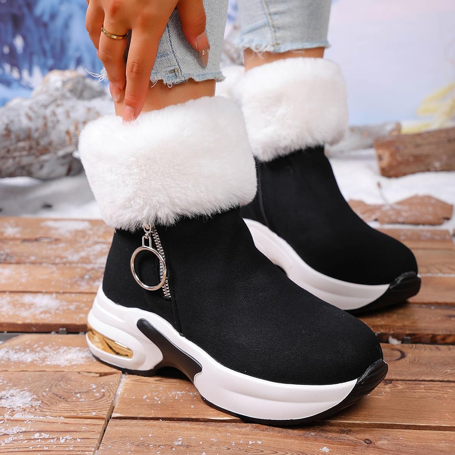 Brown Slip on Booties for Women:Fuzzy Winter Warm Comfy High Heel Short Boots Round Toe Snow Footwear Hiking Outdoor Shoes