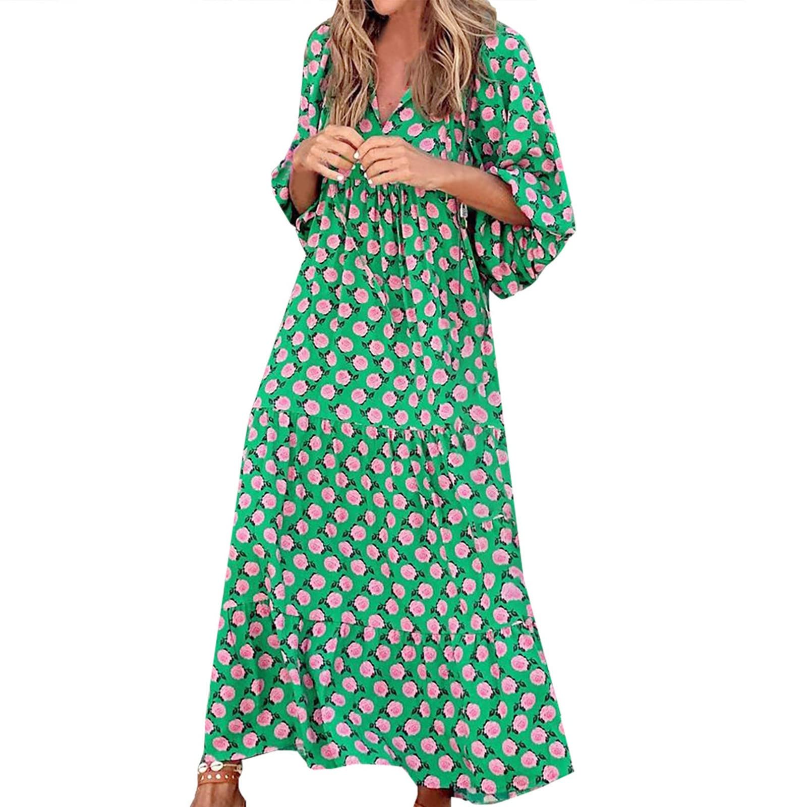 Women's Boho Geometric Maxi Dress - 2024 Summer Loose Fit V-Neck Tiered Sundress