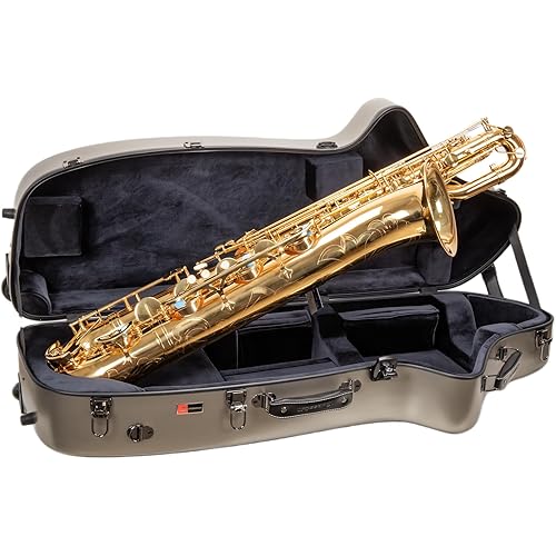 Crossrock Low A Baritone Saxophone Case with Wheels | Polycarbonate Hard Shell, TSA Lock, Anti-Scratch Finish, Neck & Mouthpiece Storage–Champagne Silver (CRF4050BSCS)