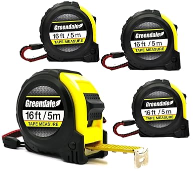 Greendale - 4 Pack of 16ft Tape Measures - Retractable, Autowind, Easy Lock with Tough Outer Shell - Use to Measure Inches or Centimeters
