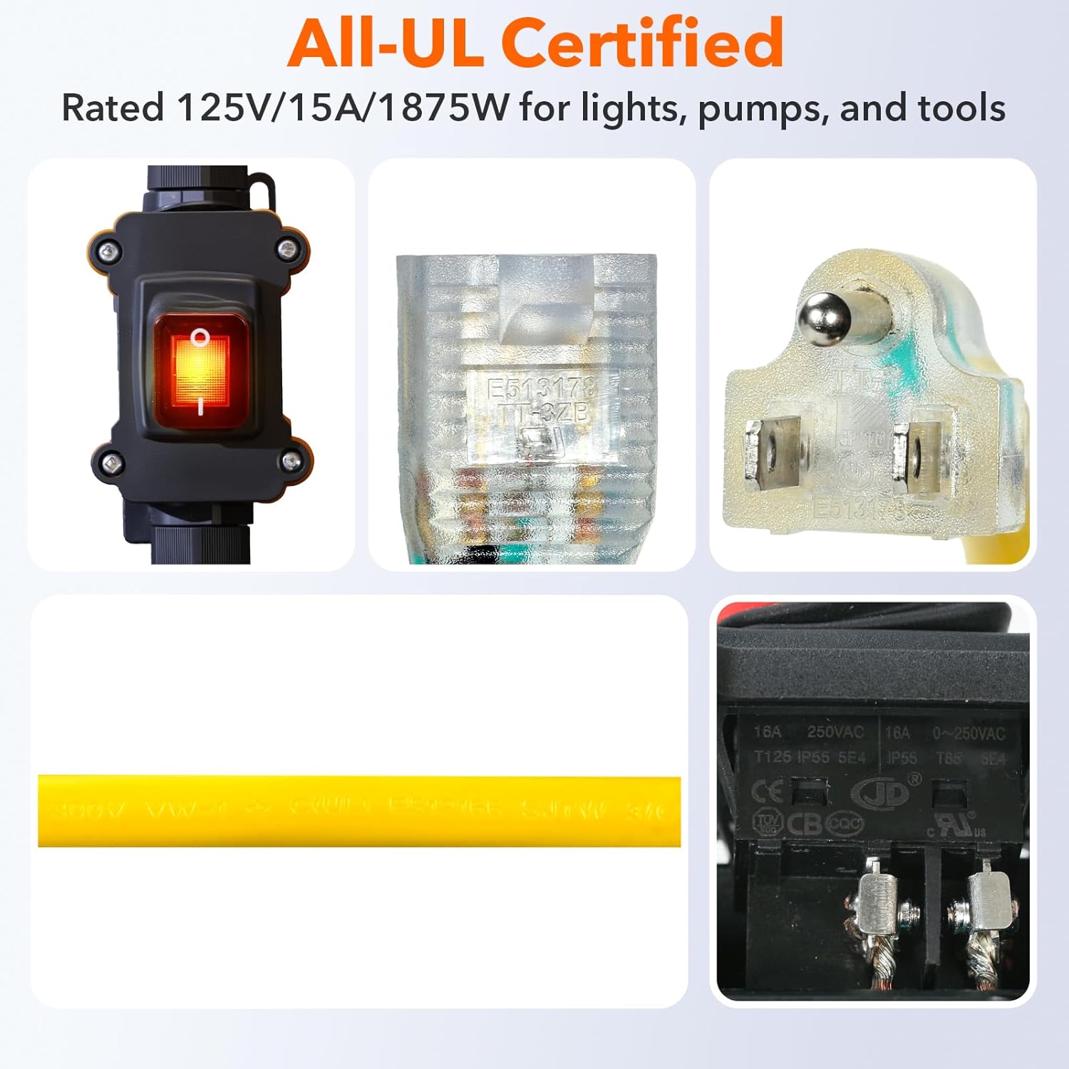 Heavy Duty Extension Cord with On/Off Switch, Outdoor Waterproof Inline Power Switch (Hook Mount, LED Indicator), All-UL Listed (Plug/Switch/Cable), 14/3 AWG STJW, 125V/15A/1875W, 3-Pronged, 3FT