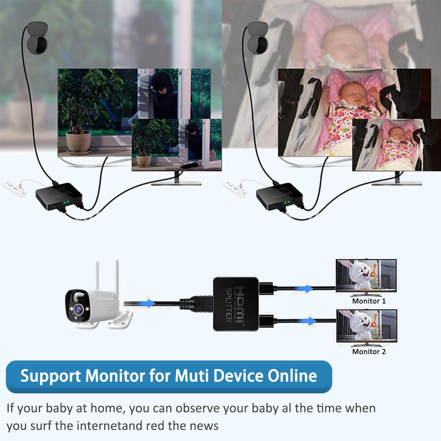 AKWOR HDMI Splitter 1 in 2 Out for Dual Monitors, 4K Dual HDMI Adapter Extender for 2 Monitors- Copy 1 Source to 2 Displays at The Same Time