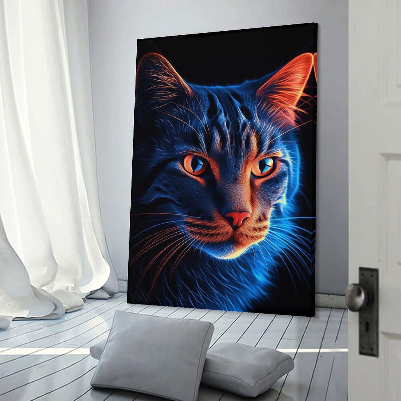 Junmoney Decorative Canvas Print Aesthetic Neon Cat, 24x36inch(60x90cm), for Study, Office Or Apartment Decor, Gift Idea for Housewarming And Birthdays