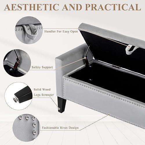 Vista 6 de Banco Otomán de Almacenamiento de Terciopelo, 45'' Banco Tapizado con Botones Capitoné para el Pie de la Cama, Banco de Almacenamiento Moderno