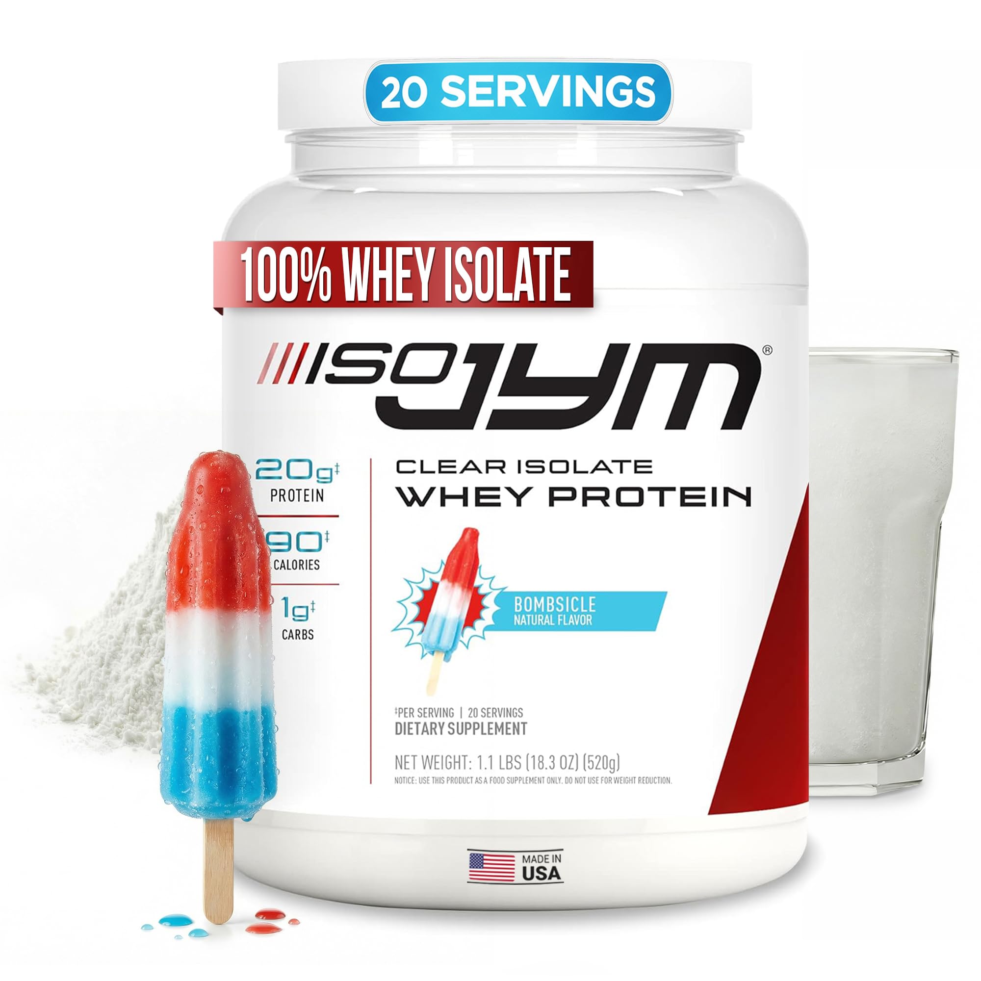 Iso JYM Bombsicle, 90 Calories, 100% Whey Protein Isolate, Zero Fat, Zero Sugars, Mixes Clear, for Women & Men, 20 Servings
