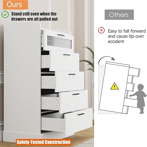Miniatura 4 de HOSTACK Cómoda moderna de 5 cajones para dormitorio, cómoda alta blanca con asas de metal, armario de almacenamiento de madera con valla anticaída y