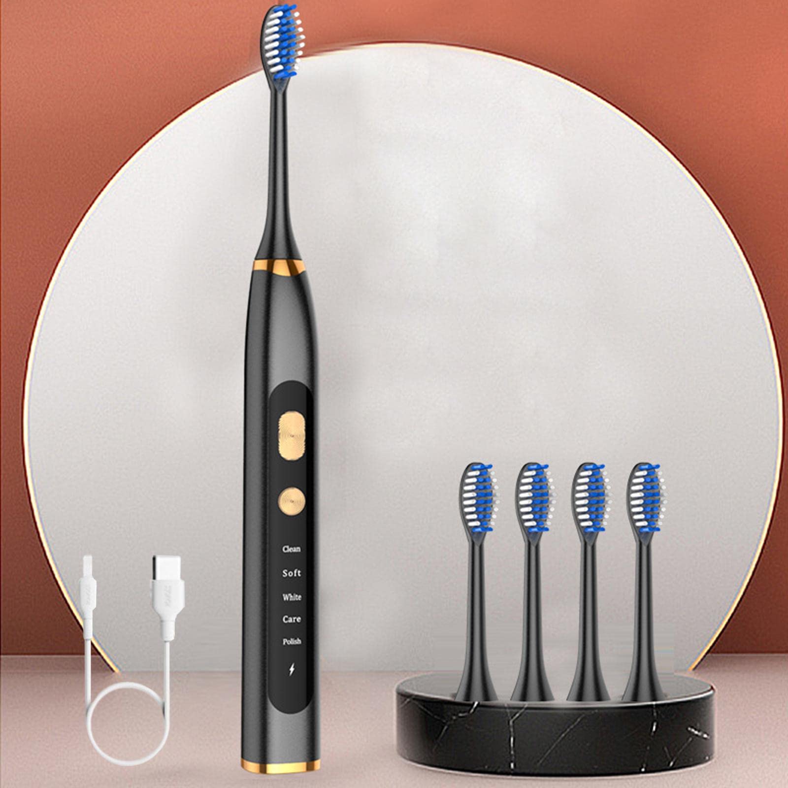 Spazzolino da denti sbiancante ricaricabile, 5 modalità, 15 giorni, tempo di utilizzo per bambini, uomini, donne, con custodia da viaggio, motore da 800 mAh, sensore di pressione