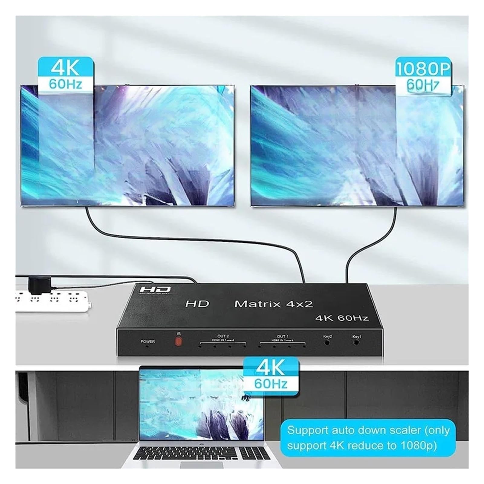 Splitter switch 4K 60Hz Matrix 4X2 2 In 4 Out compatibile con HDMI, estrattore .0 2x4 1080p for DVD PC a monitor TV(2X4)