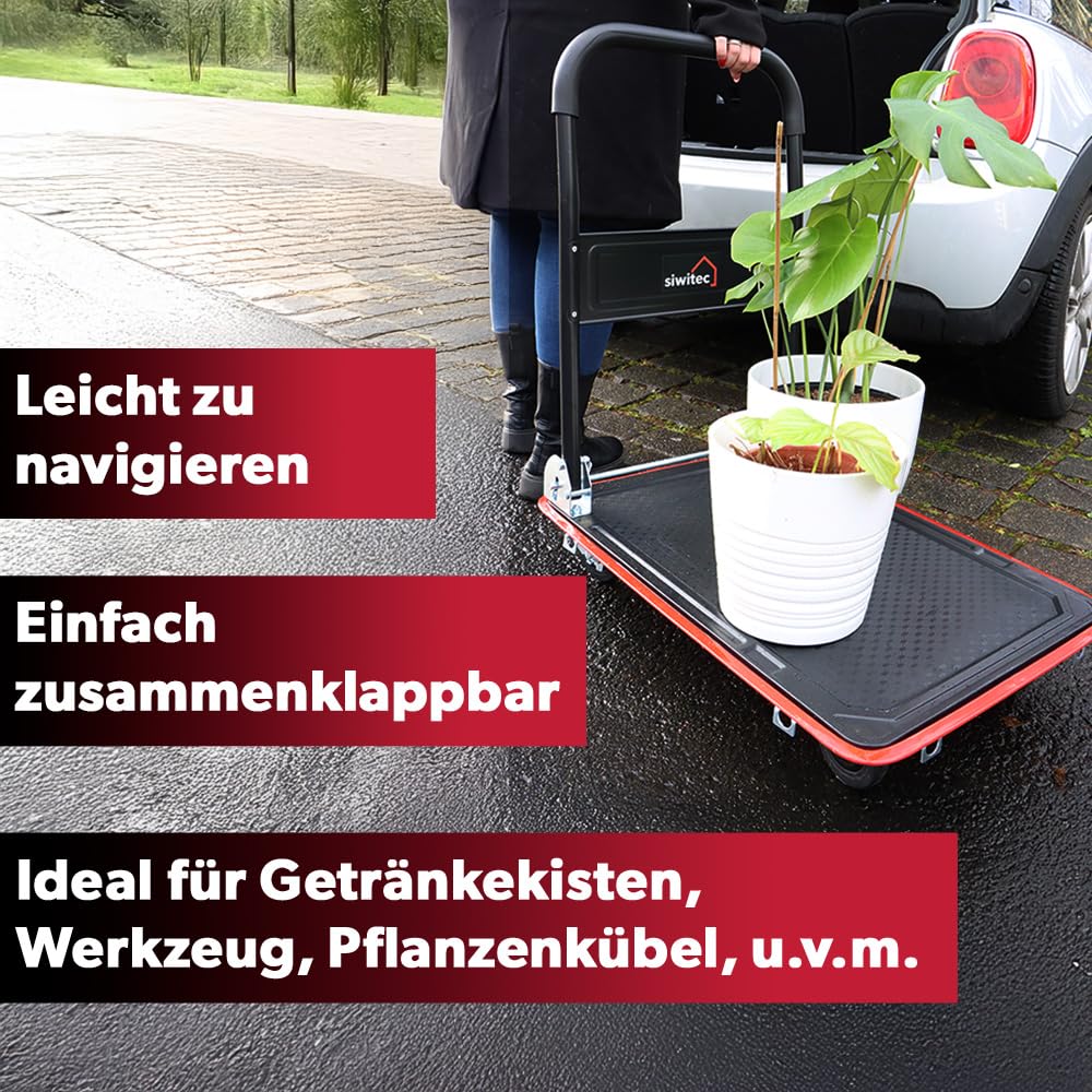 siwitec Plattformwagen, Transportwagen klappbar 150kg, inkl. Spanngurte, Rollwagen, Handwagen, Transportwagen