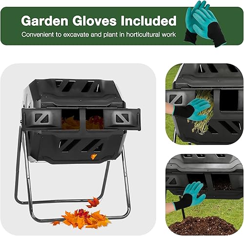 Miniatura 5 de LUCKYERMORE Vaso de compostaje de 42 galones para compostar al aire libre, doble cámara, material libre de BPA con puertas correderas seguras para