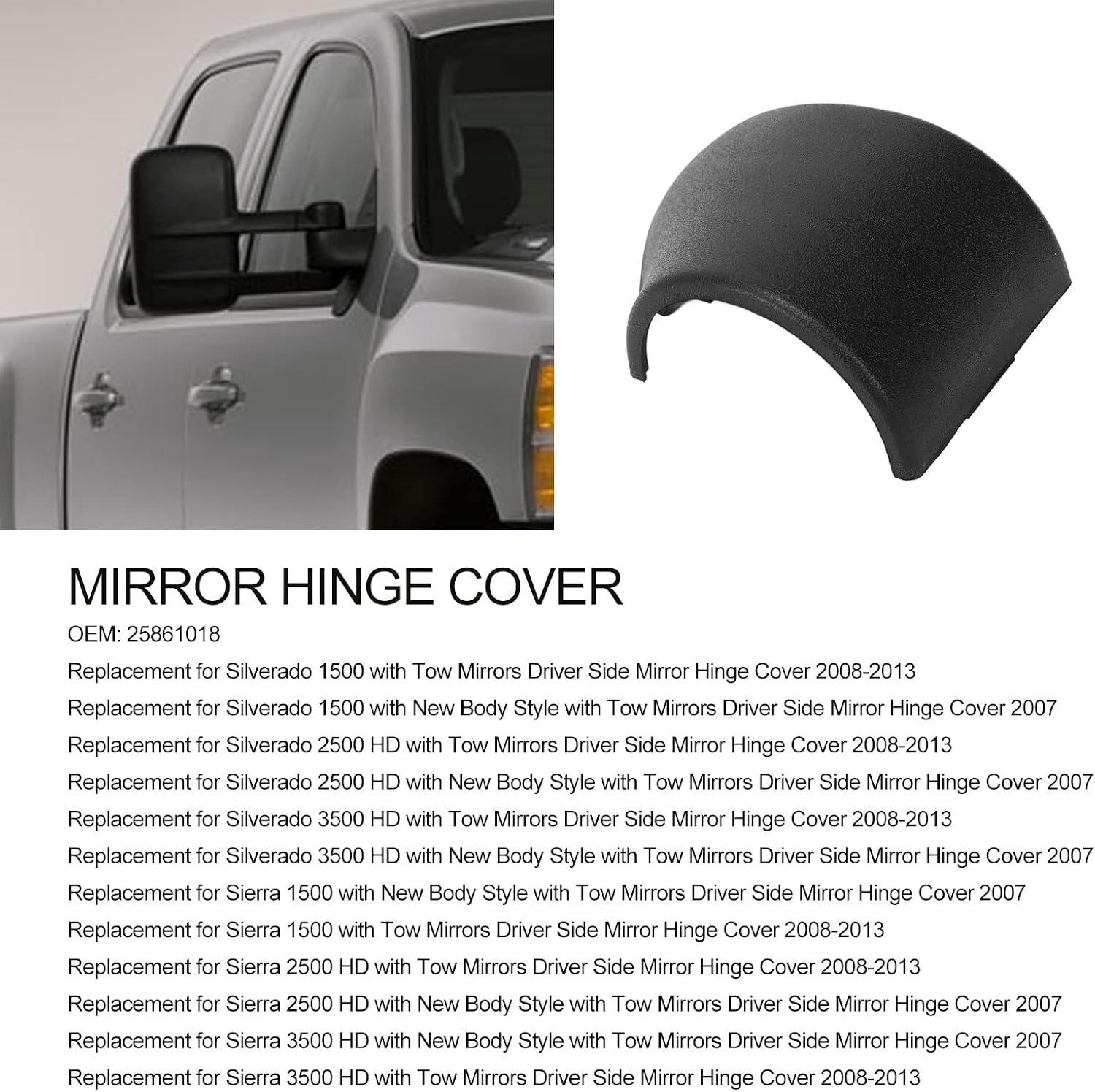 Silveradotow Mirror Cap,Autoe Mirror Hinge Cover Side Rearview Mirror Hinge Tow Mirror Hinge Cove Car Exterior Door Side Mirror Hinge Cover 25861018 Replacement for Sie 1500 L(Right)