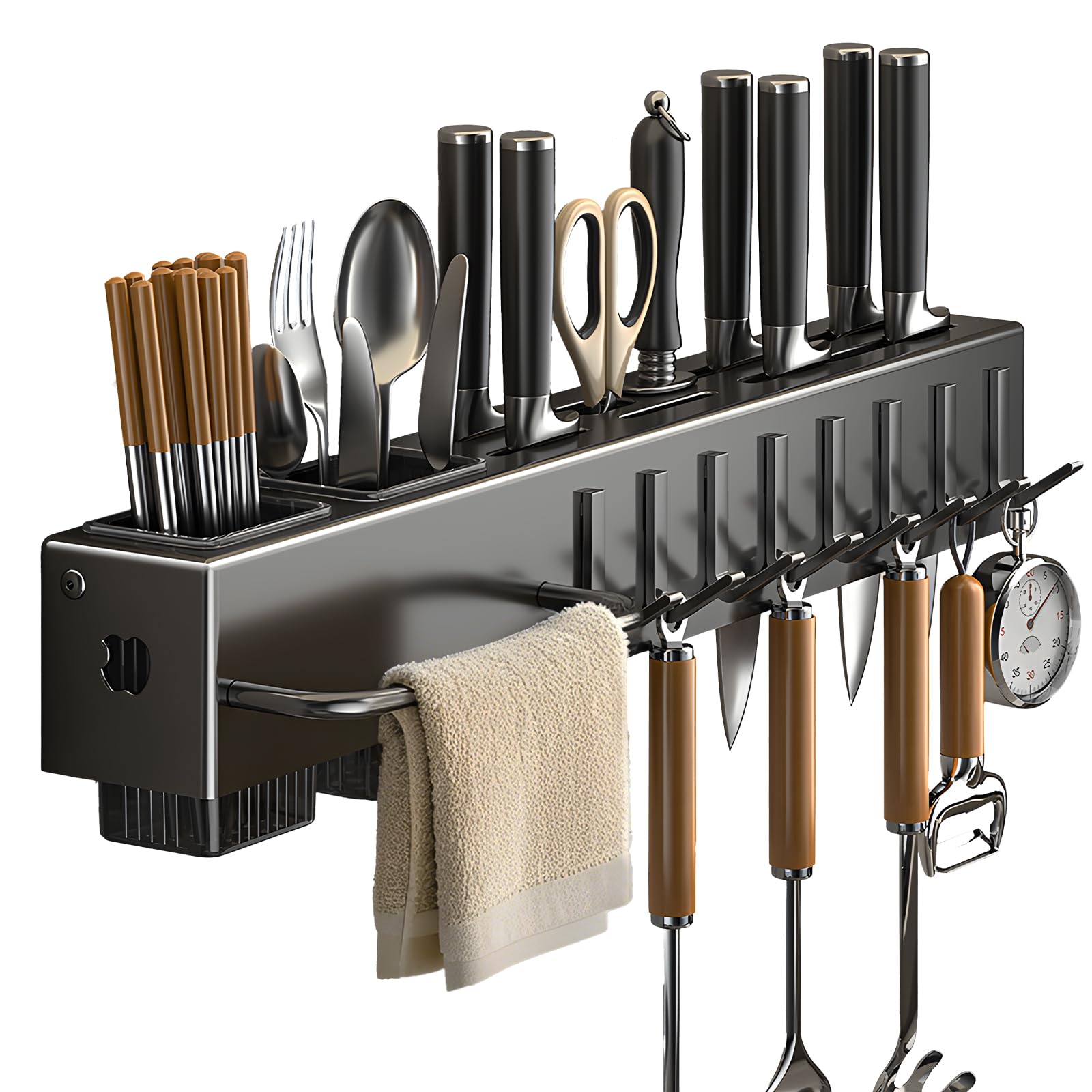 kitchen utensil rack wall mounted multi-functional kitchen storage rack with chopstick holder amp hooks carbon steel  abs material punch-free design for knives spoons matte black