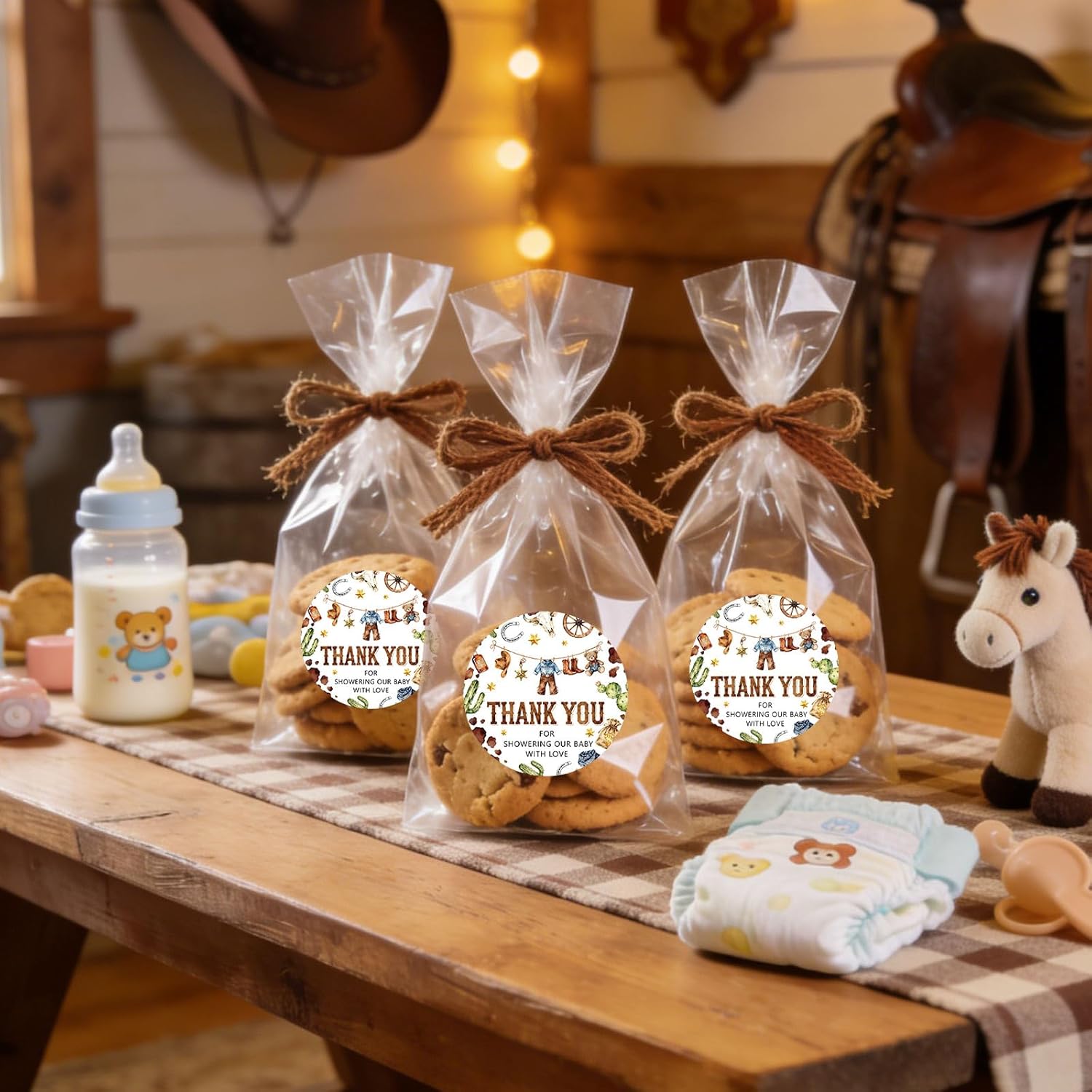 Whaline 100Pcs Cute Cowboy Baby Shower Thank You Stickers 2 Inch Western Cowboy Theme Clothes Round Adhesive Label Decals for First Rodeo 1st Birthday Rodeo Party Decorations - Image 4