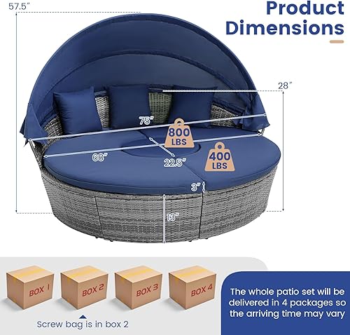 Miniatura 9 de HAPPYGRILL Sofá cama de ratán con toldo, sofá redondo de mimbre para exteriores, asiento seccional con cojines y mesa auxiliar ajustable, muebles de