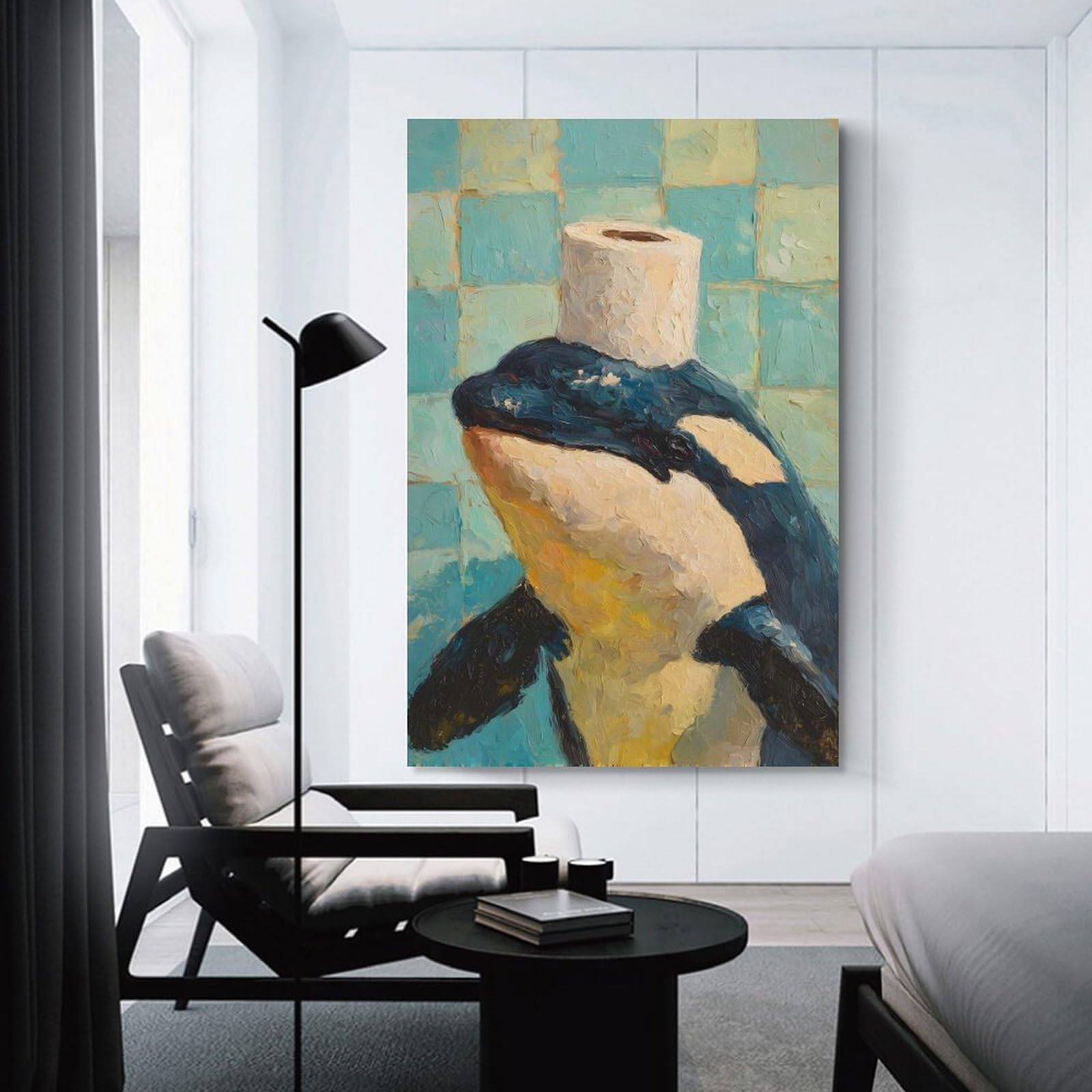 Junmoney Canvas Wall Decor Orca with Toilet Paper Hat Painting, 20x30inch(50x75cm), for Living Room, Bedroom, Office Or Hallway, Decorative Artwork with Broad Appeal