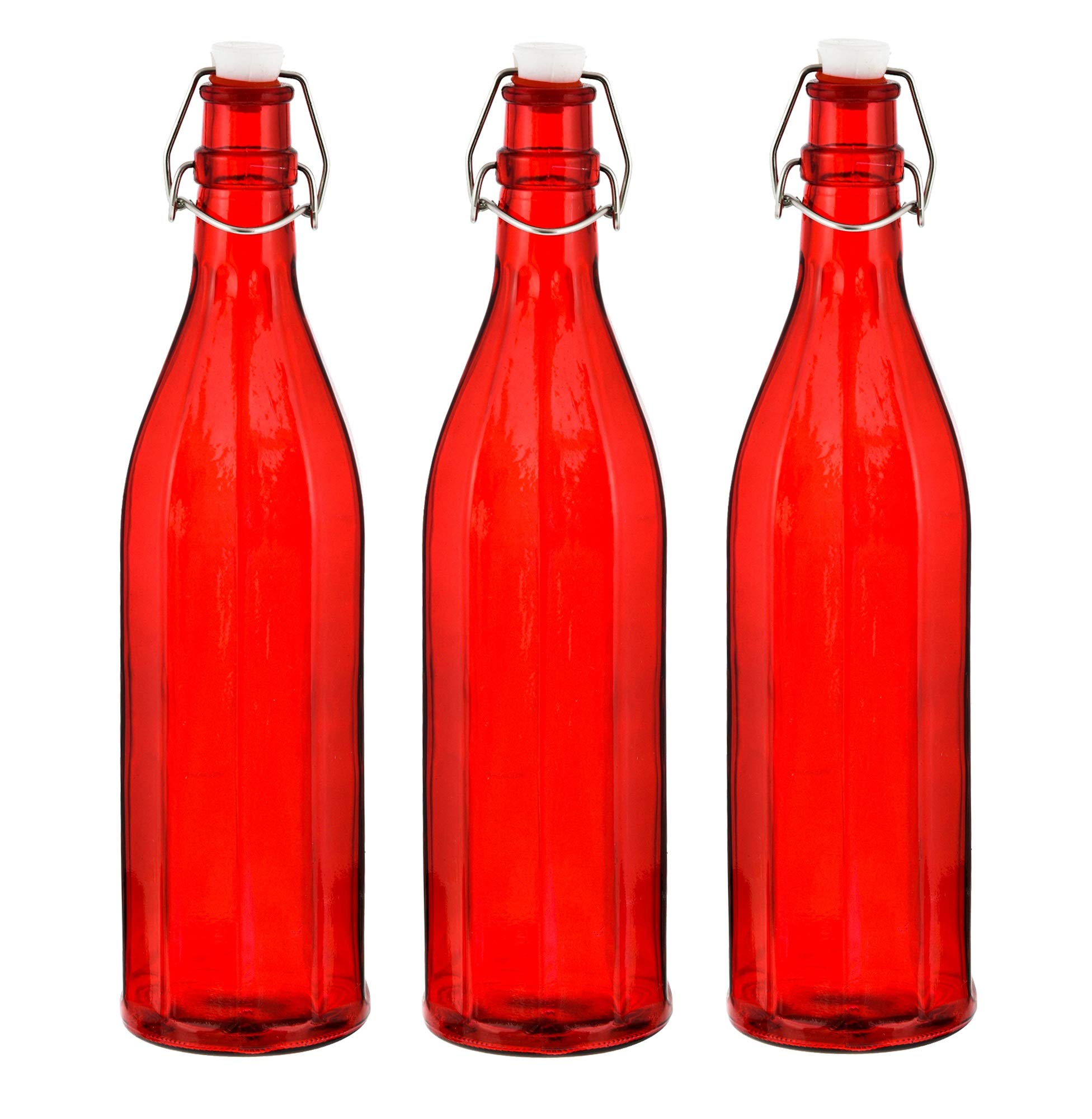 MACHAK Colhexa Glass Bottles With Cork 1litre, Kitchen Decoration (Red, 3 Pieces)