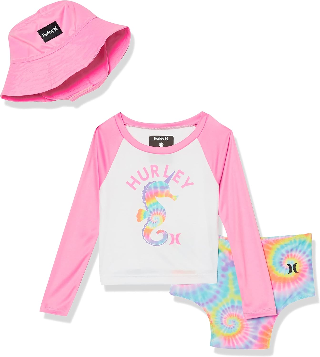 Hurley Baby Girls' Long Sleeve Rash Guard and Hat 3-piece Swimsuit Set