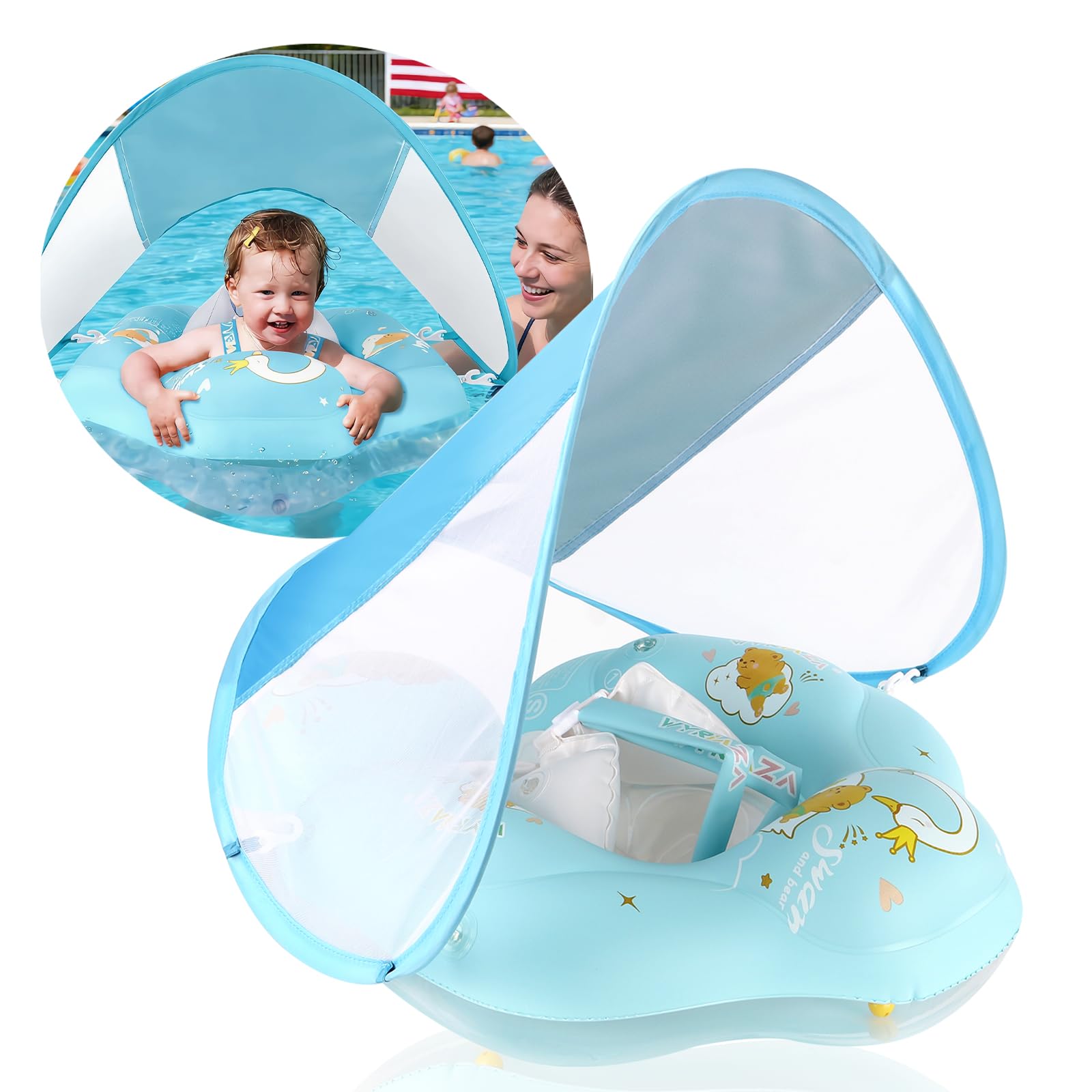 WYRIAZA Schwimmring Baby Verstellbarer Kindersitz mit UPF50+ UV-Schutz Baby Schwimmring mit Sonnendach Abnehmbarer Sonnenschutz Baby Schwimmhilfe & Schwimmreifen ab 6-36 Monate(L 8-16KGS)