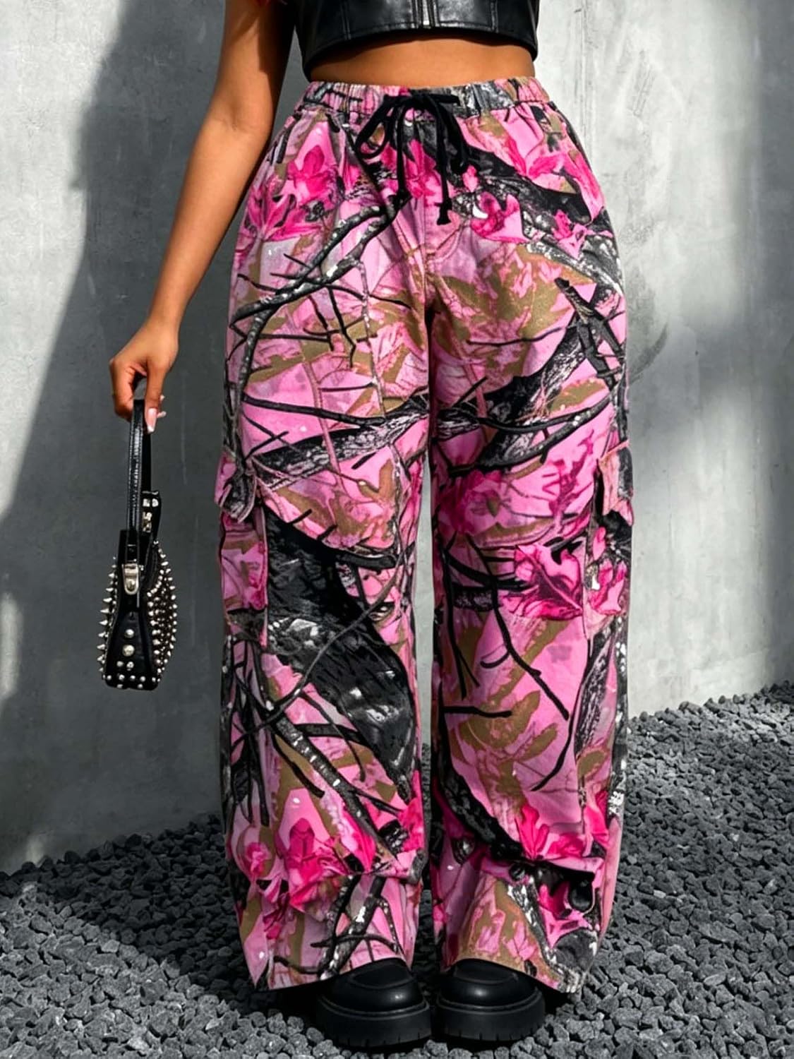 Women's Plus Size Camouflage Cargo Pants Straight Baggy Stretchy Camo Pants Wide Leg Trousers Jeans with 6 Pockets