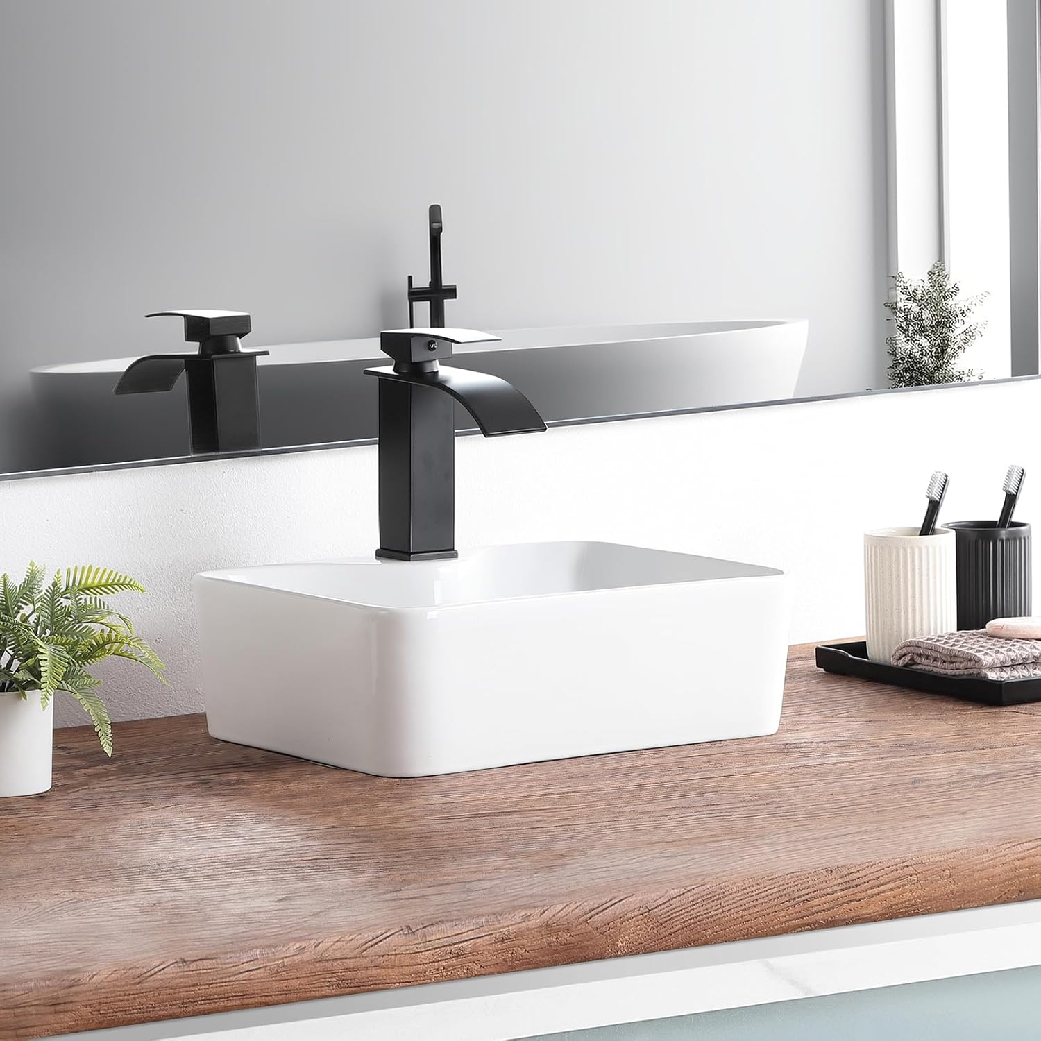 Bathroom Vessel Sink 16"x12" Rectangular White Ceramic Small Sink with Faucet Hole Modern Above Counter Bathroom Sinks