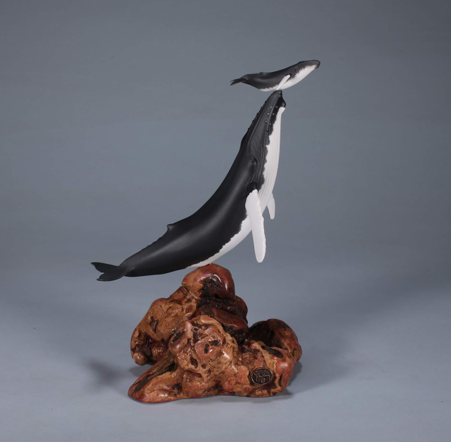 Humpback Whale & Calf Sculpture by John Perry 10in high on Polished burlwood Base. Signed.