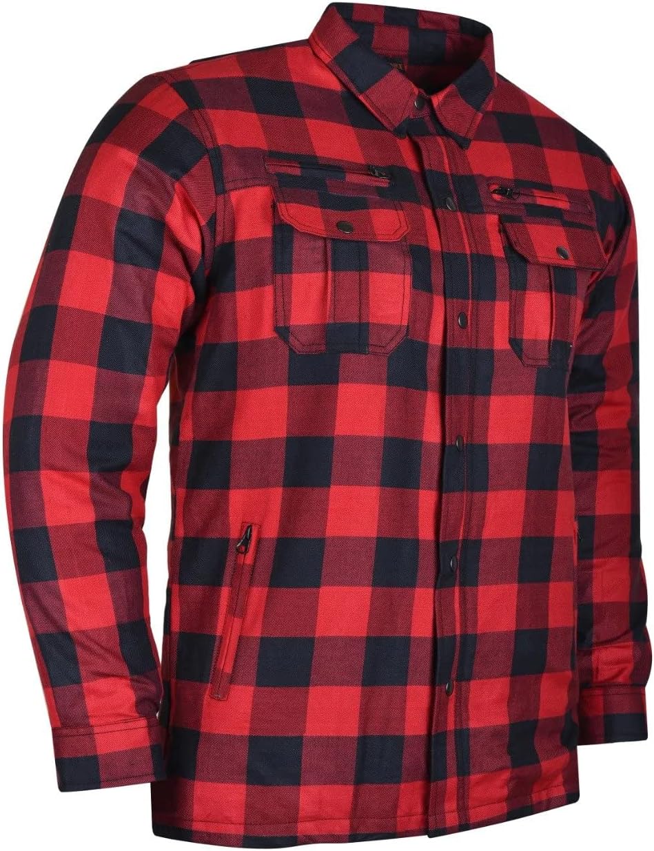 Men's Biker Armored Checkered Flannel Shirt with Kevlar, Waterproof Zippers & C.E. Approved Armors