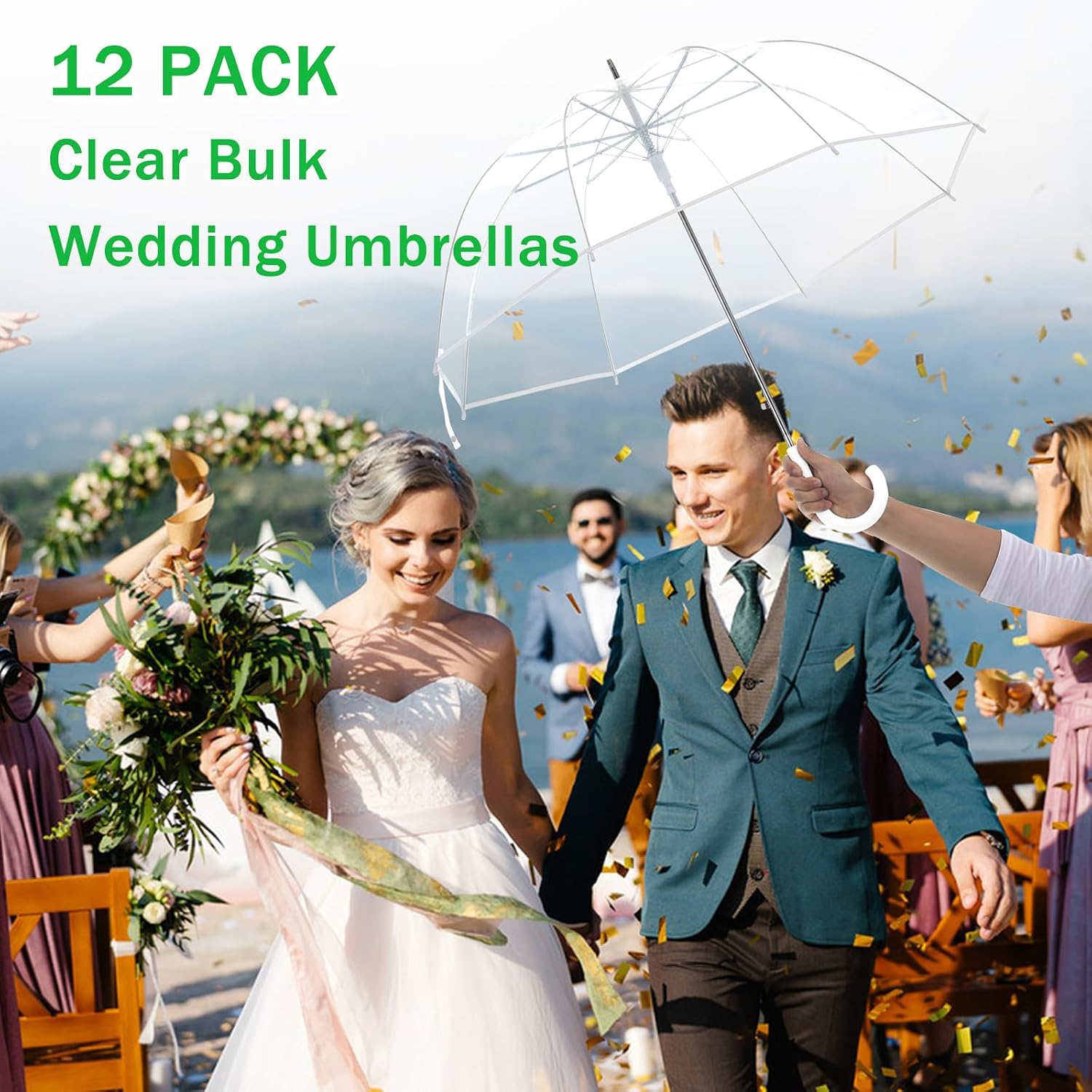 YEXEXINM Clear Bubble Umbrella Wedding - 12 Pack Transparent Dome Umbrellas, Windproof POE Rain Umbrella Bulk, 35.4" Large Clear Umbrellas for Wedding Photography, Bride Groom & Outdoor Events