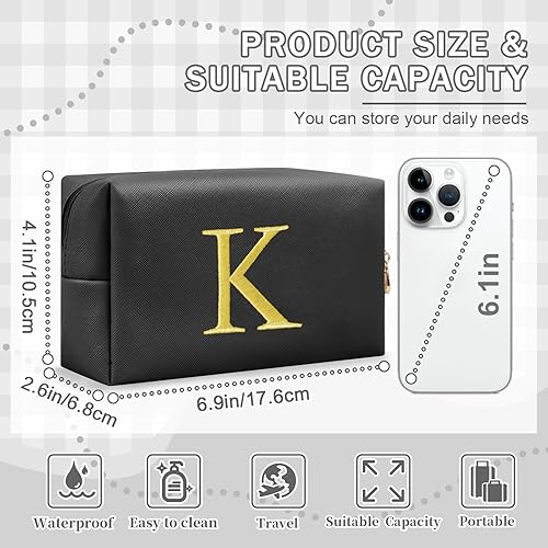 Miniatura 2 de Bolsa de maquillaje con inicial de regalo personalizado, con letras bordadas doradas, bolsa de cosméticos para niñas adolescentes, pequeña bolsa de