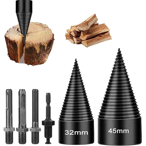 6-Piece Wood Splitter Drill Bit Set, 32mm/45mm, Two Threaded Splitting Cones and Four Interchangeable adapters for preparing Dry firewood and kindling with Compatible Power Drills