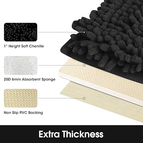 Miniatura 6 de HOMEIDEAS Alfombra de baño negra de 20 x 60 pulgadas, ultra suave y absorbente, antideslizante, lavable a máquina, felpilla gruesa, alfombra de
