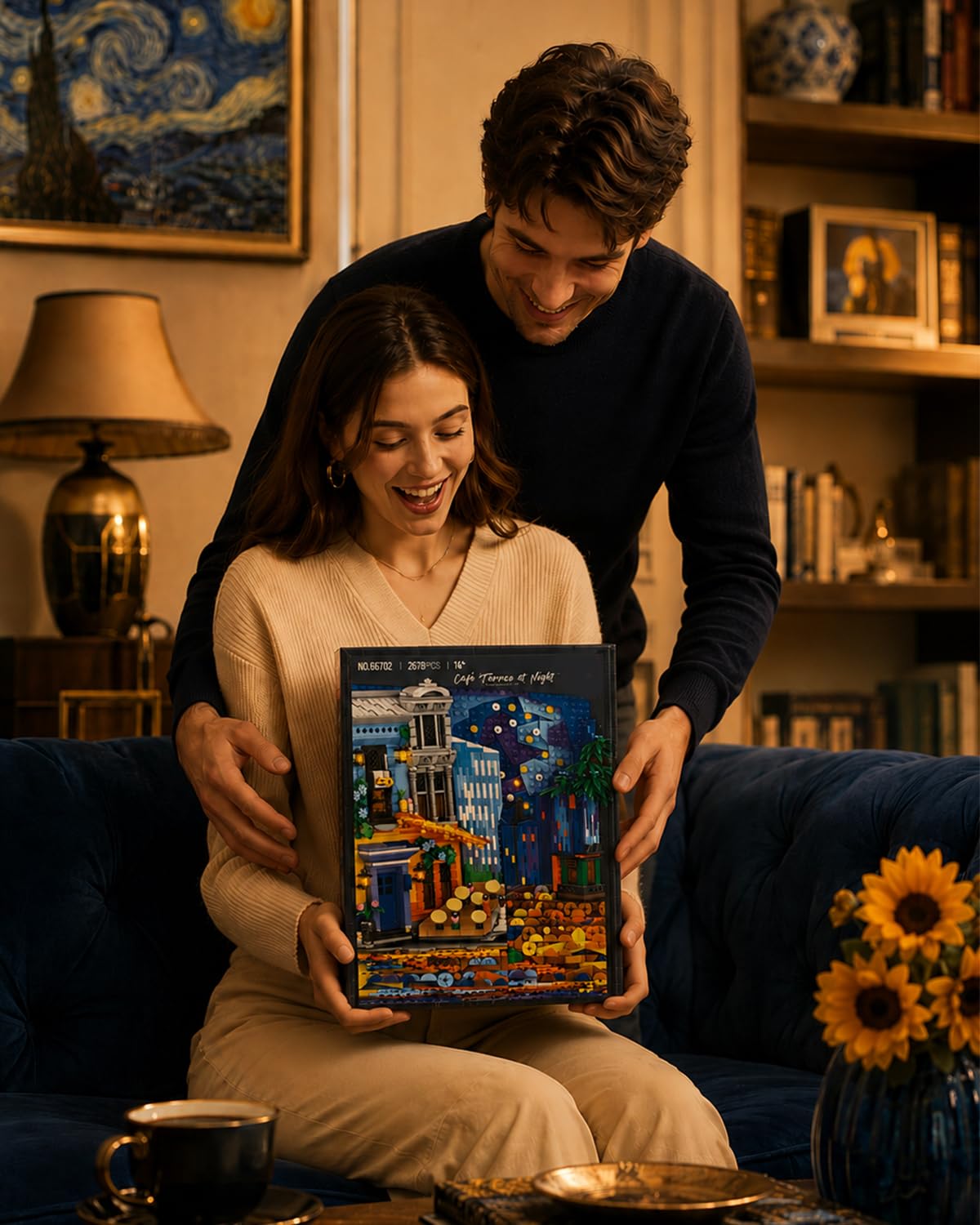 Set de Construction Café Terrace at Night pour Adultes, Tableau Mural 3D Encadré, Kit de Construction Artistique pour Décoration Maison et Bureau, Compatible avec Lego Art, 2678 Pièces