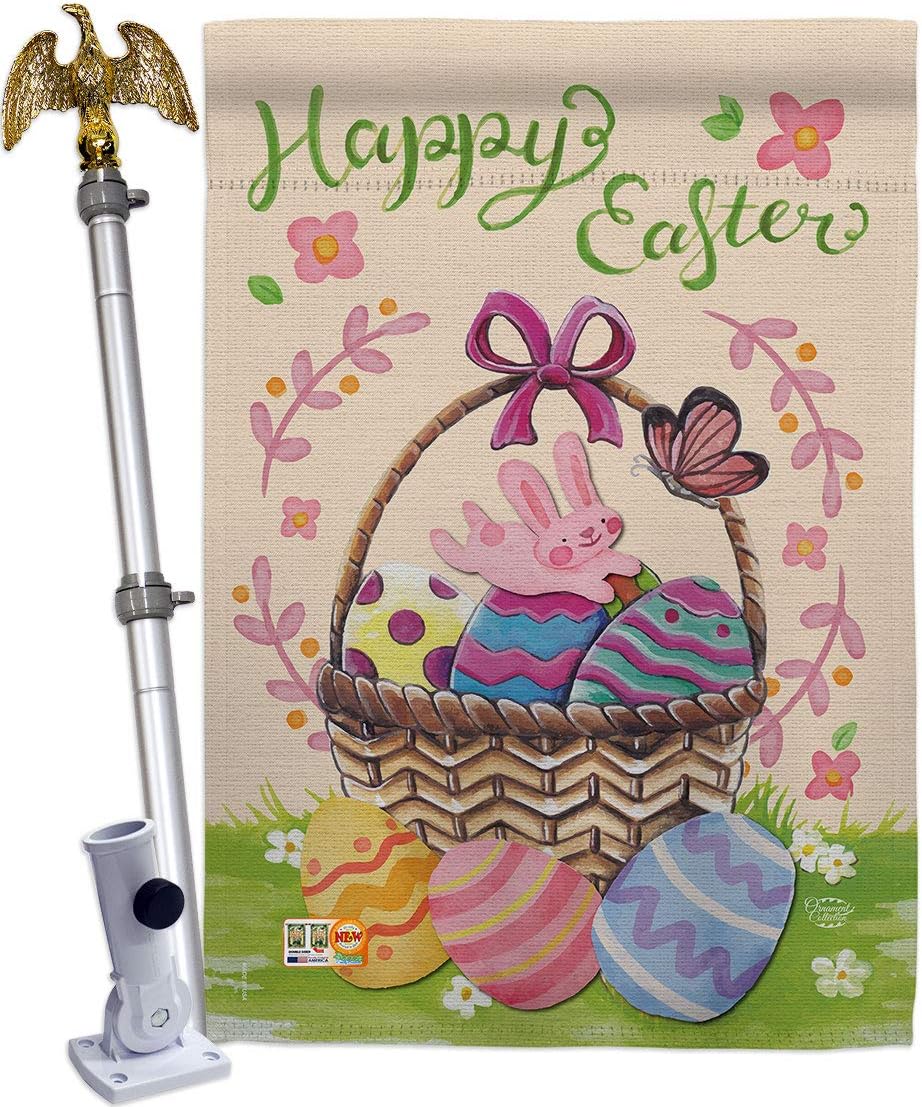 Happy Easter Colorful Basket Eggs House Flag Dowel Set Springtime Bunny Egg Christian Season Holiday Small Decorative Gift Yard Banner Made In USA 28 X 40