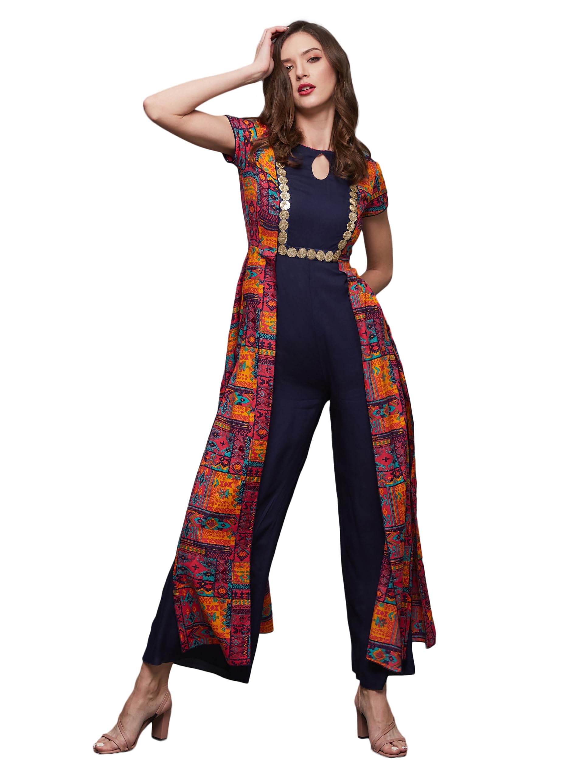 Women's Keyhole Neck Regular Sleeve Bohemian Panelled Viscose Rayon Regular Length Jumpsuit with Pockets