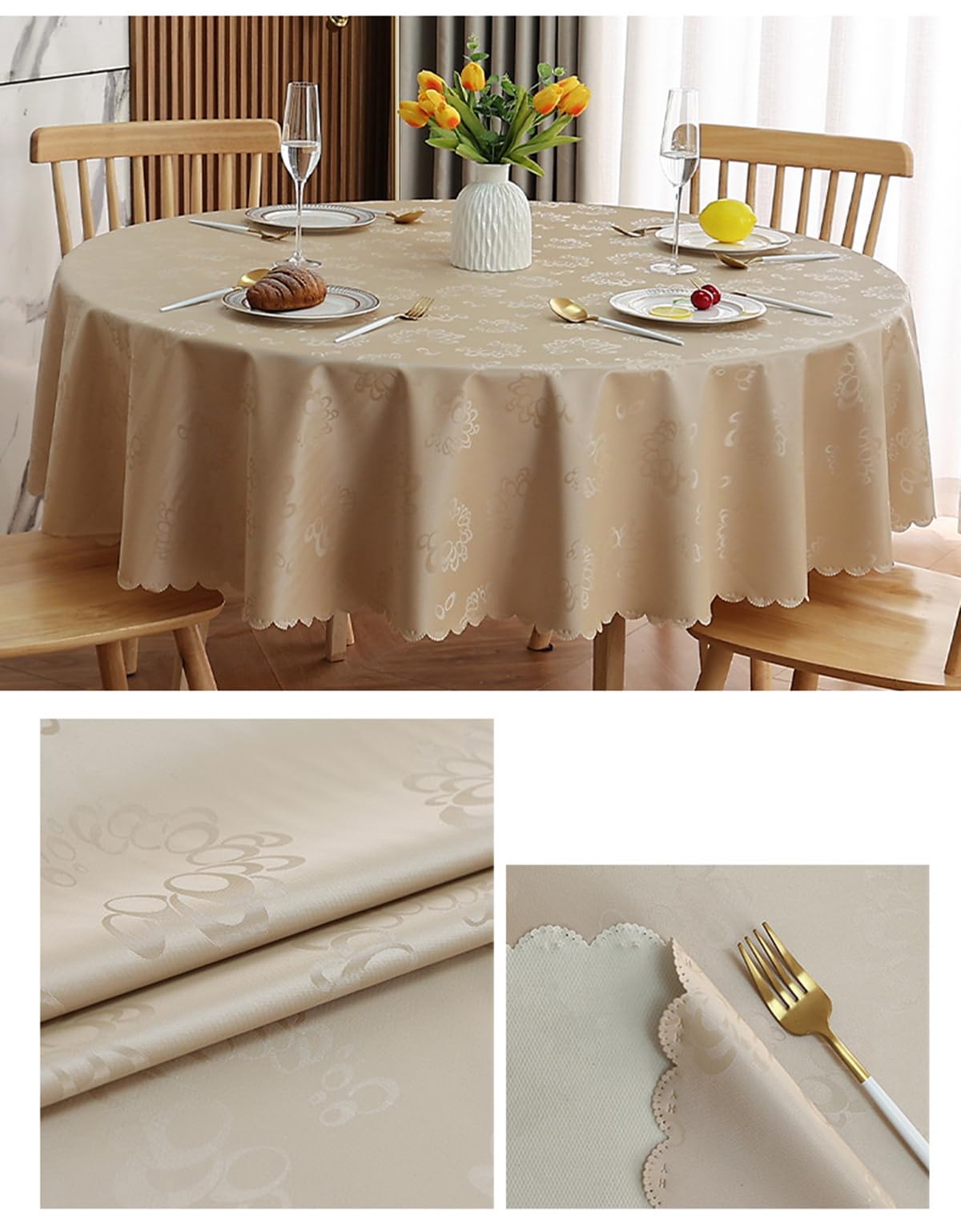 Nappe Ronde en PVC, épaissie imperméable et Anti-Taches, résistante aux Rayures, Champagne Or-carillons diamètre 200 cm