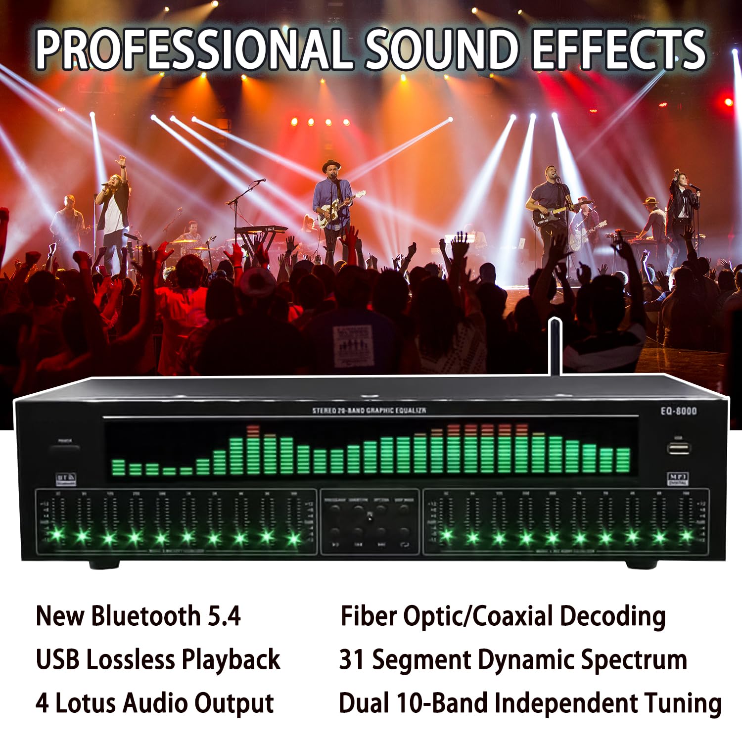 Equalizzatore grafico a 31 bande con Bluetooth 5.4, processore audio digitale con ingressi ottici/coassiali per sistemi stereo domestici, monitoraggio da palco e applicazioni in studio