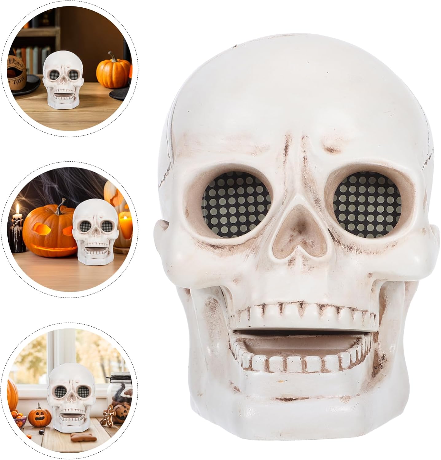 jojofuny Halloween Skeleton Decor: LED Light Up Skeleton Lamp, Resin Human Skull Sculpture with Glowing Eyes, Scary Halloween Tabel Decorations, Beige, 6.29 x 5.90 x 4.33 Inches