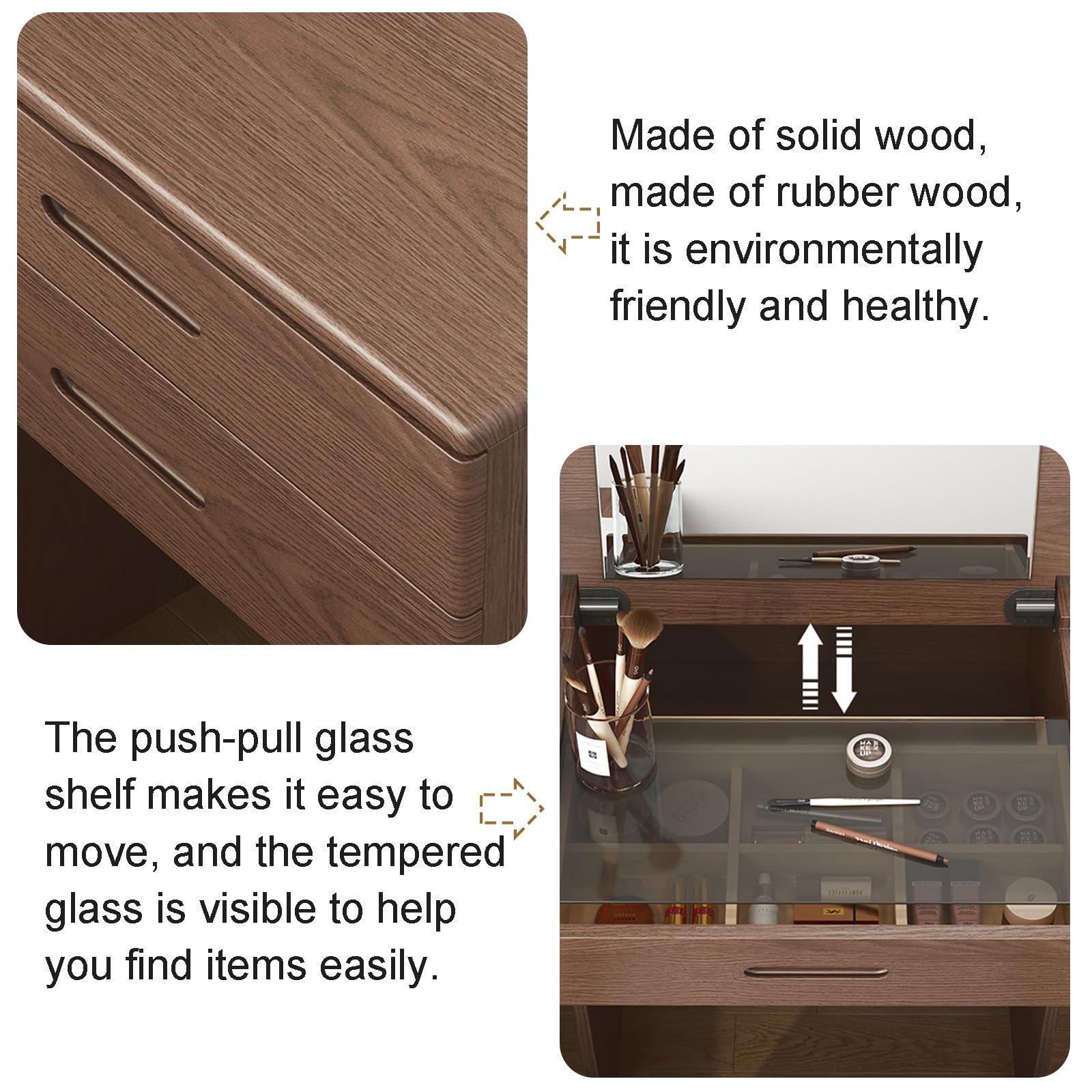 Schminktisch-Set aus weißem Gummibaumholz mit Klappspiegel, Schminkhocker und 2 Schubladen – Stauraum für Schlafzimmer, Wohnzimmer, Büro, Schreibtisch/Nachttisch (S-48cm)