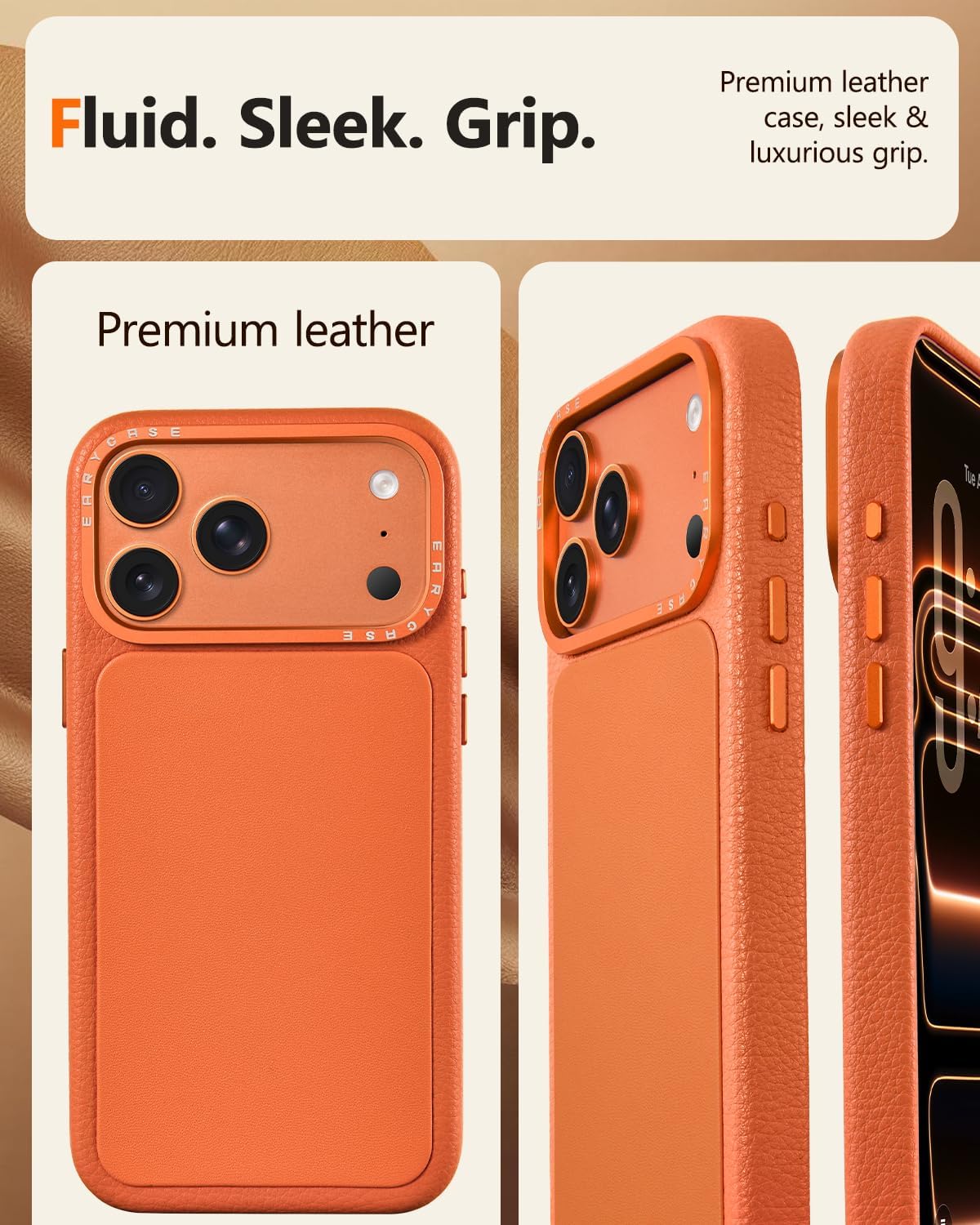 OATSBASF Genuine Leather Case for iPhone 17 Pro, Camera Control Button, Compatible with MagSafe, Metal Camera Bezel, Slim Fit, Shockproof Protective Phone Cover 6.3", Orange