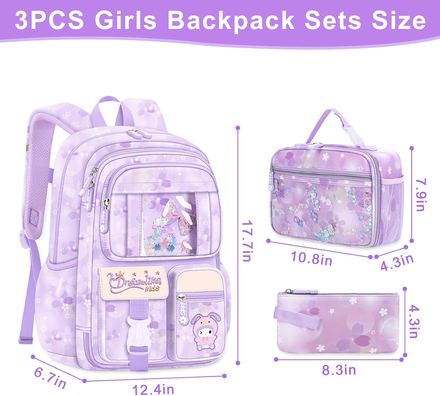 Backpack for Girls 3pcs Set, Kids Backpack for Girls with Lunch Box Pencil Case Set for Teens Elementary Middle School Bags (Purple-3 Piece Set-1) - Image 2