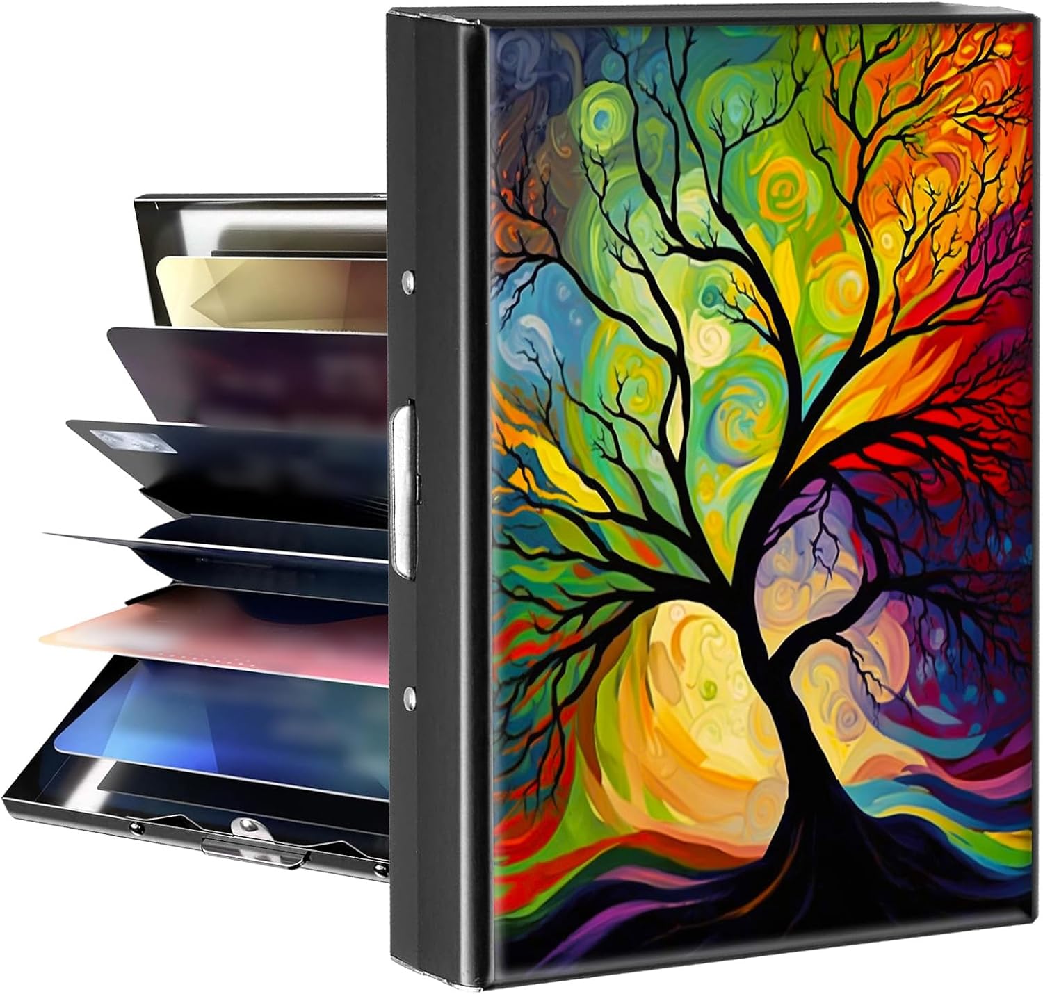 Business Card Holder Metal Rfid Card Holder Unique Cherry Blossom Trees Pattern Style Design Credit Card Wallet With 6 Card Slots Black Credit Card Holder for Women Men