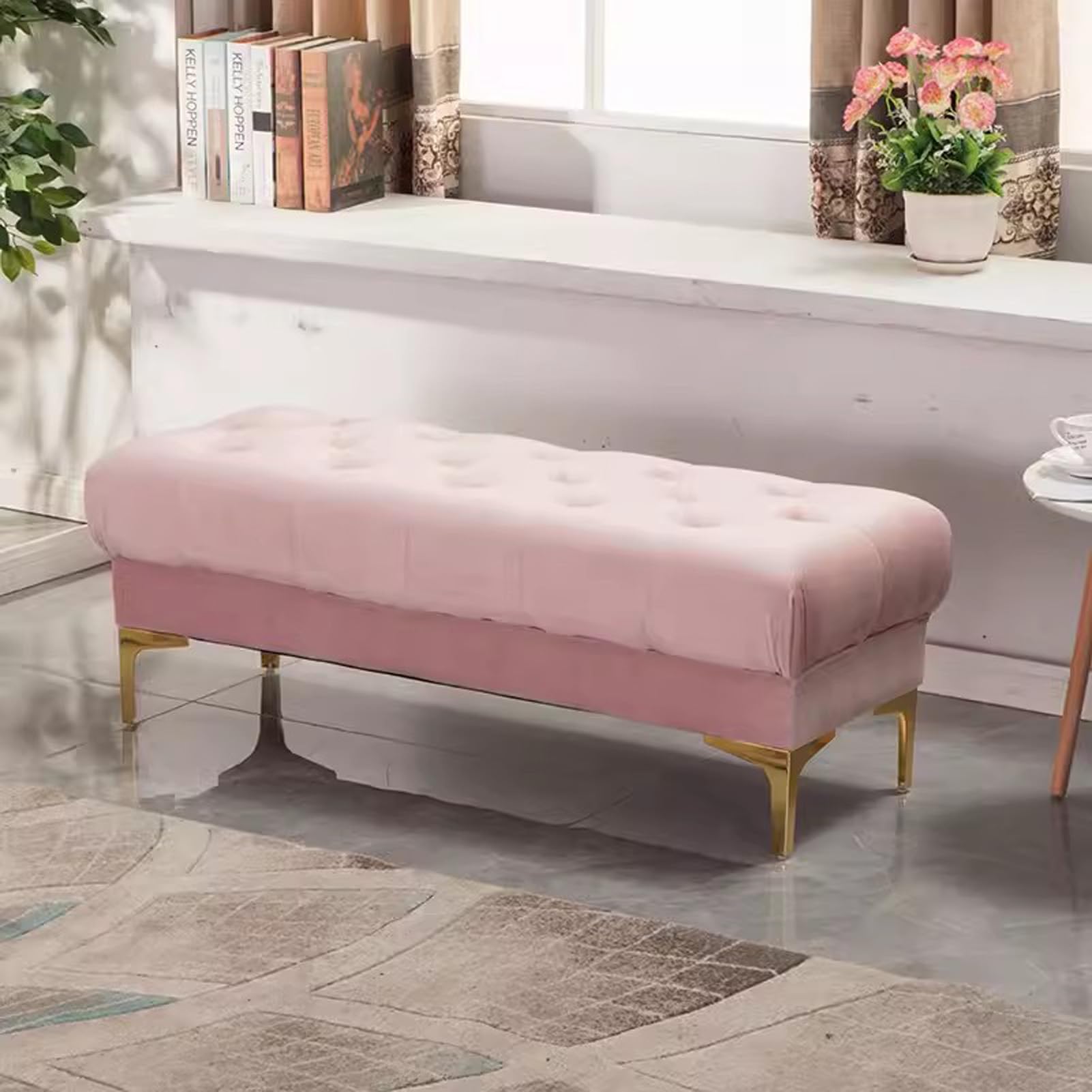 Banc de rangement en velours avec siège rembourré pour bout de lit