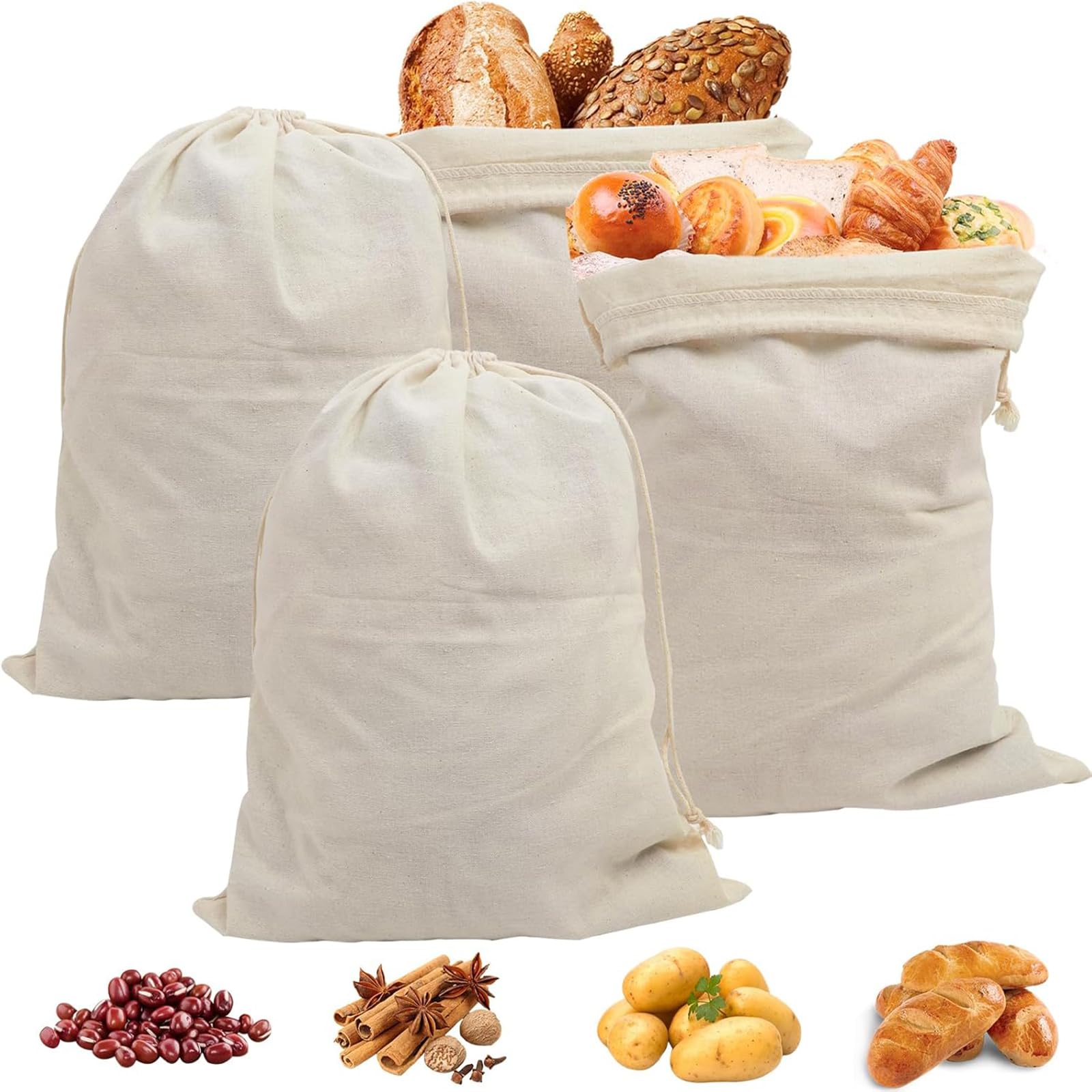NAROSEBE 4 Pcs Sac à Pains Tissu, Sachet Pain en Lin 40*30/67*15cm, Sacs à Pain Boulangerie, Poche à Pain avec Cordon de Serrage, Sac à Baguette Tissu Lavable, pour Cuisine Baguette Pain