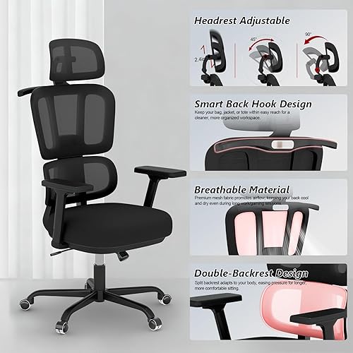 Miniatura 3 de Silla de oficina con respaldo alto, silla de escritorio de malla, silla ergonómica para computadora con reposacabezas, reposabrazos ajustables 3D y