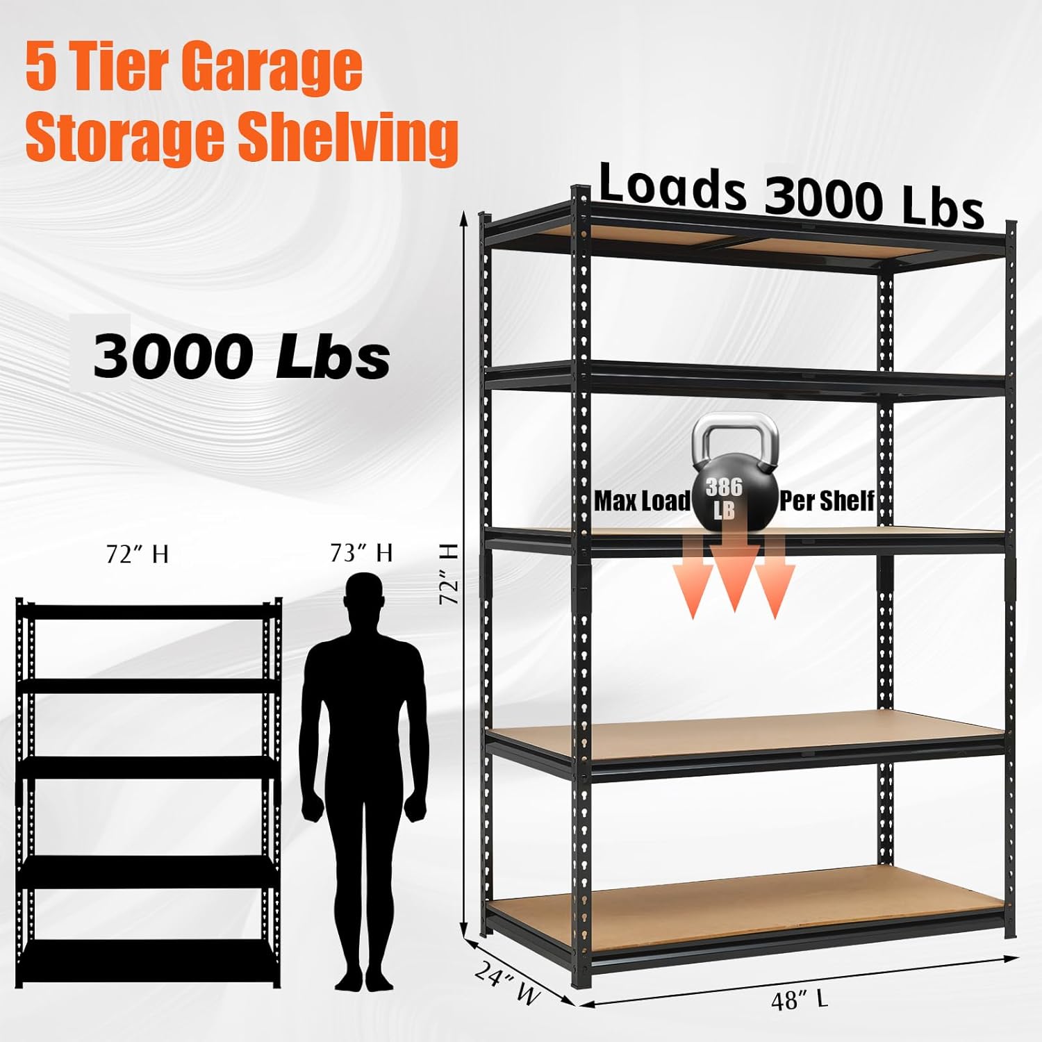 Heavy Duty Garage Shelving Units,5-Tier Adjustable Storage Shelves,48 x 24 x 72in,Loads 3000 LBSS,Adjustable Garage Storage Shelving, Metal Storage Utility Racks Shelf Unit