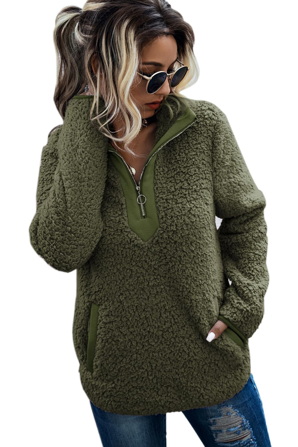 AQOTHES Womens Loose Casual Zipper Sherpa Fleece Pockets Pullover Sweatshirt for Women