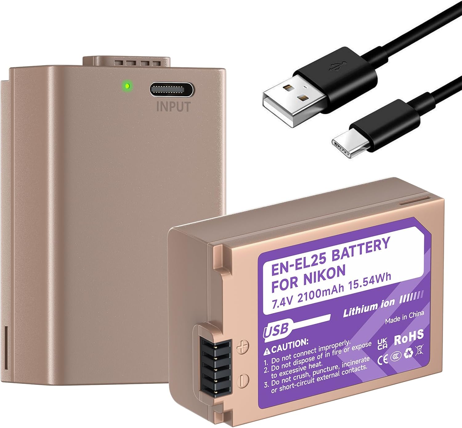 EN-EL25 EN-EL25A Battery 2100mAh 2-Pack and USB-C Fast Charging Cable, Perfectly Compatible with Nikon Z50 Z30 Z50ii ZFC Camera, Fully Decoded Without Error Prompts