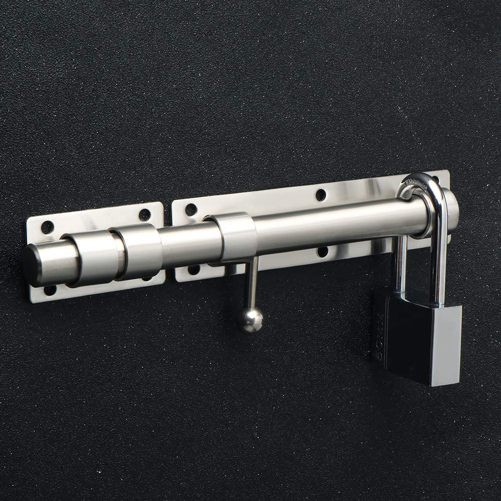 Verrou de porte coulissant Alise de 25,4 cm avec trou pour cadenas, barre de 1,9 cm de diamètre en acier inoxydable massif et nickel brossé (cadenas non inclus)
