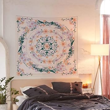 Simpkeely Pink Mandala Floral Medallion Tapestry, Sketched Clara Flower Plant Boho Wall Hanging, Bohemian Tapestries for Bedroom Living Room Dorm Home Decor 59.1 x 59.1 Inches (Pink)